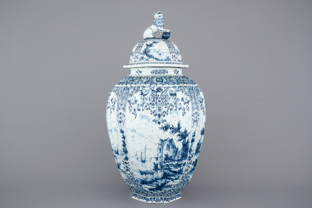 A massive Dutch Delft blue and white vase and cover, ca. 1800